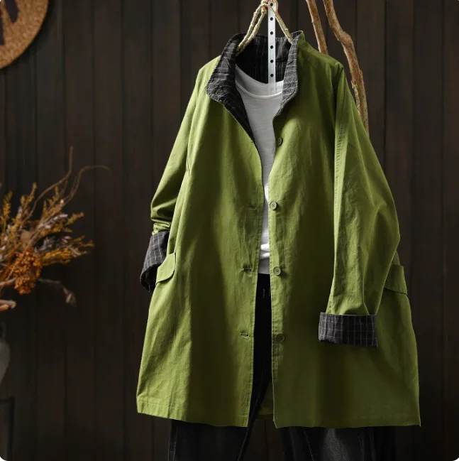 Women Autumn New Japan Style Plaid Patchwork Cotton Trench Coats Stand Collar Long Sleeve Single Breasted Casual Loose Jackets