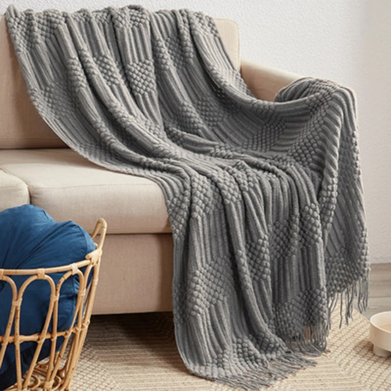 3D Knitted Blanket With Tassel Solid Color Sofa Blanket Cover Nordic Home Decor Throw Blanket For Bed Portable Breathable Shawl