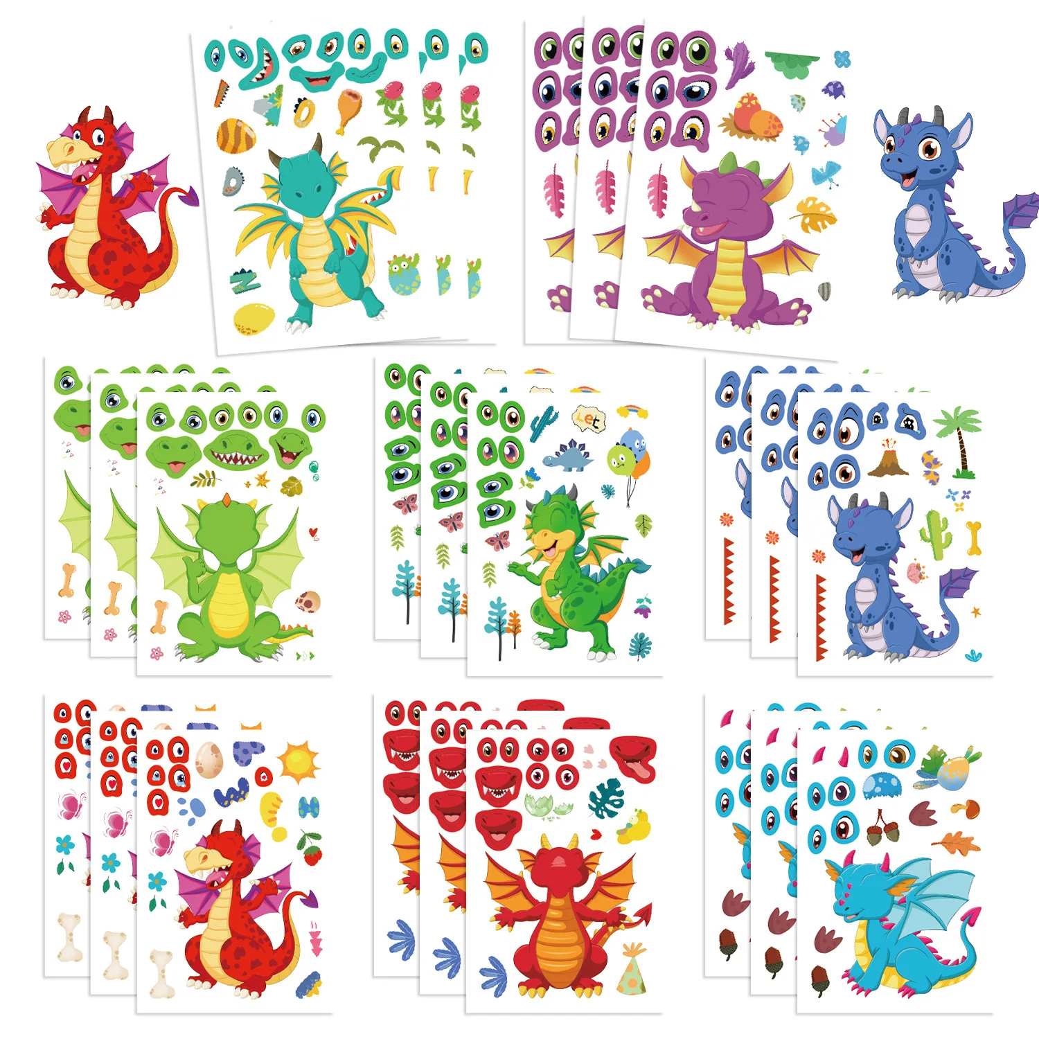 8/16 Arkuszy Naklejek Puzzle z Kreskówkowym Smokiem - Zrób Minę, Naklejki dla Dzieci, Gra DIY, Edukacyjne Naklejki Puzzle dla Dzieci, Zabawki