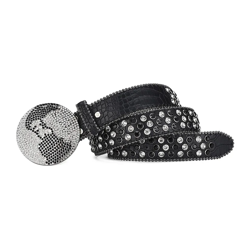 Ceinture en cuir synthétique unisexe, style punk, western, BlingBling, diamant, boucle ronde, cristal d'eau