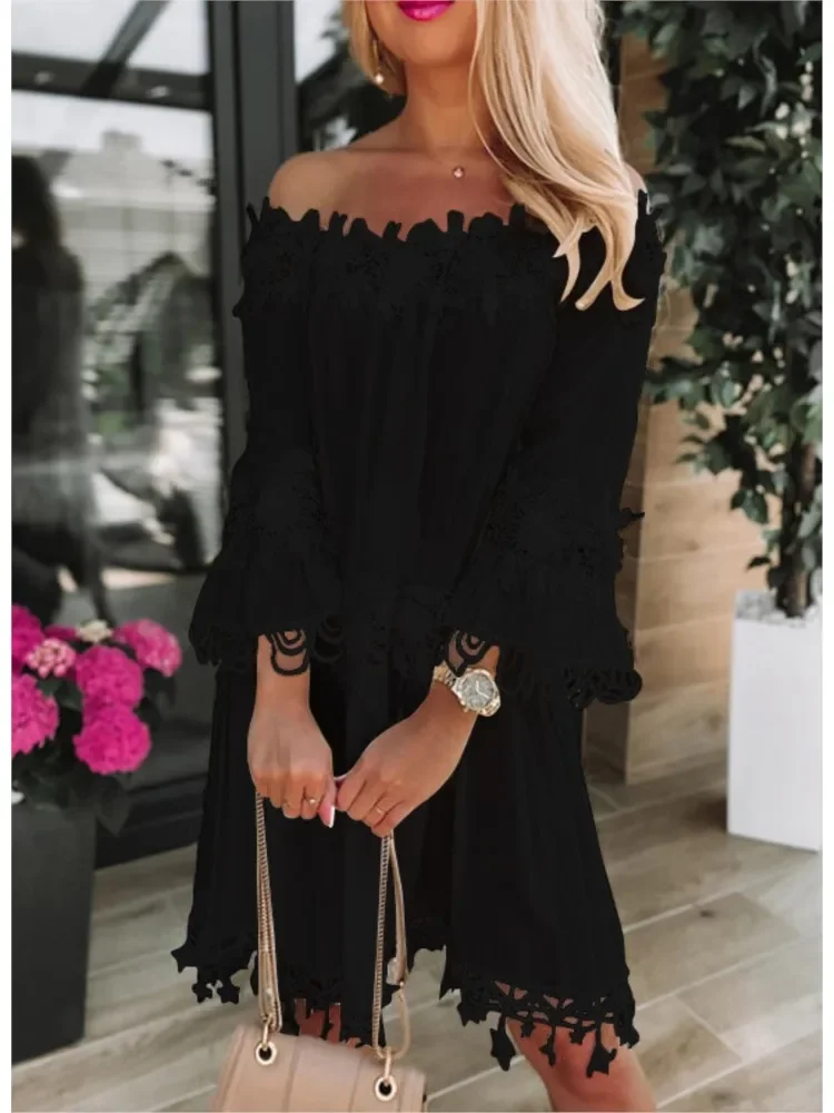 Women's Autumn White Tube Top One Shoulder Dress Women's Hollow Floral Lace Loose Fashion Casual Ladies Clothing