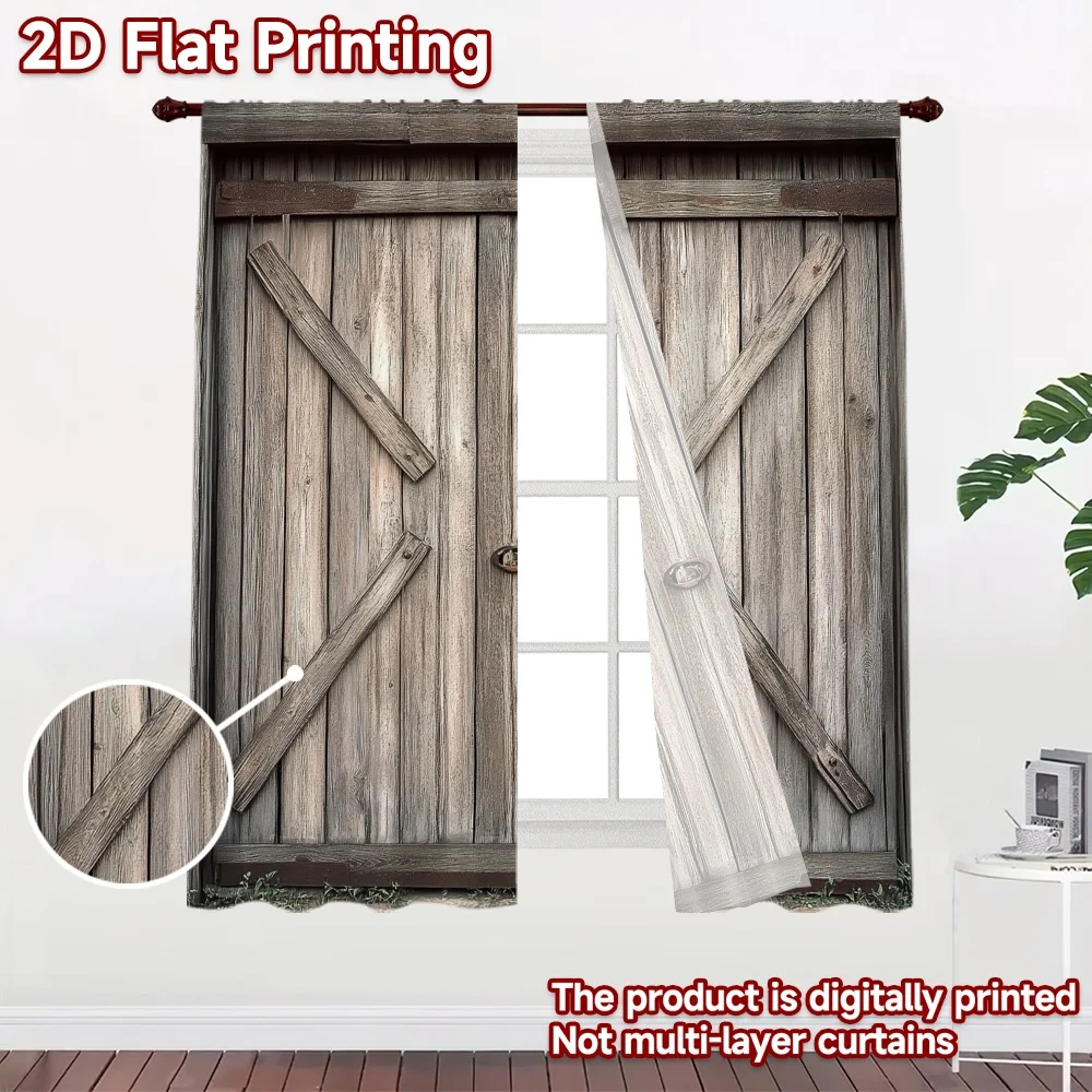 2D flat 2pcs Curtain Retro Country Style Rustic Wooden Barn Doors Durable polyester fiber Birthday Party Perfect for Bedroom