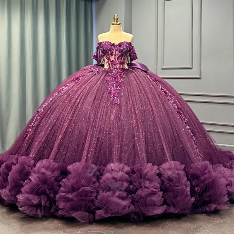 

Purple Shiny Ball Gown Quinceanera Dresses Applique Flower Beading Crystal Tiered Bow Tull Corset Off Shoulder Sweet 16 Dress