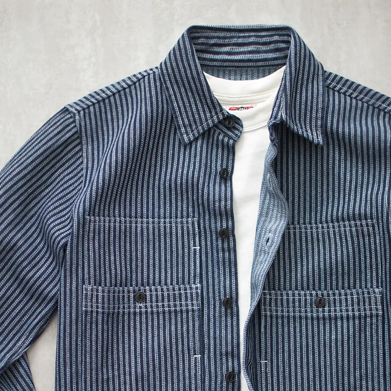 

Мужская джинсовая рубашка в американском ретро-стиле из чистого хлопка с двумя карманами, в полоску, с длинным рукавом, осенняя, молодежный тренд