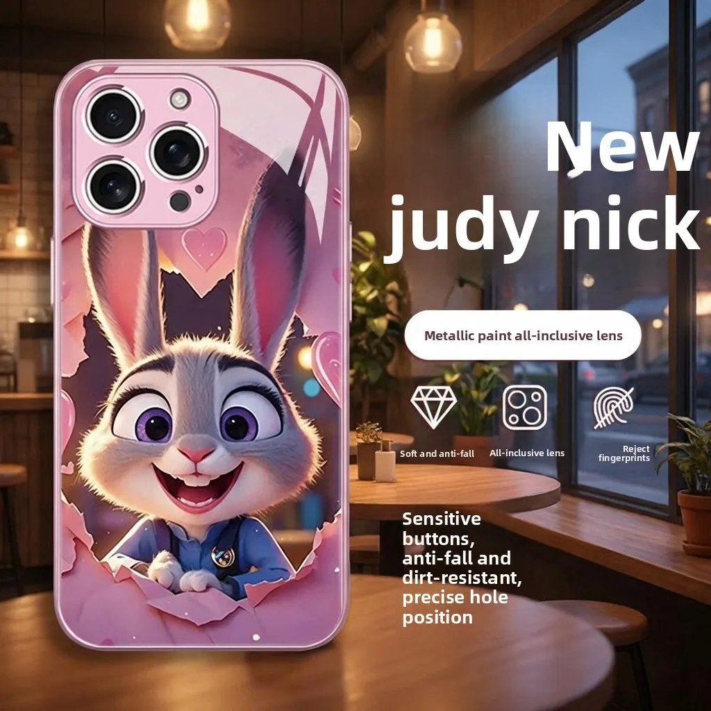 

Judy Nick Zootopia iPhone 17 16 Pro Max Phone Case Glass Cover for iPhone 15 14 Pro Couple Cute Animal Cartoon Design