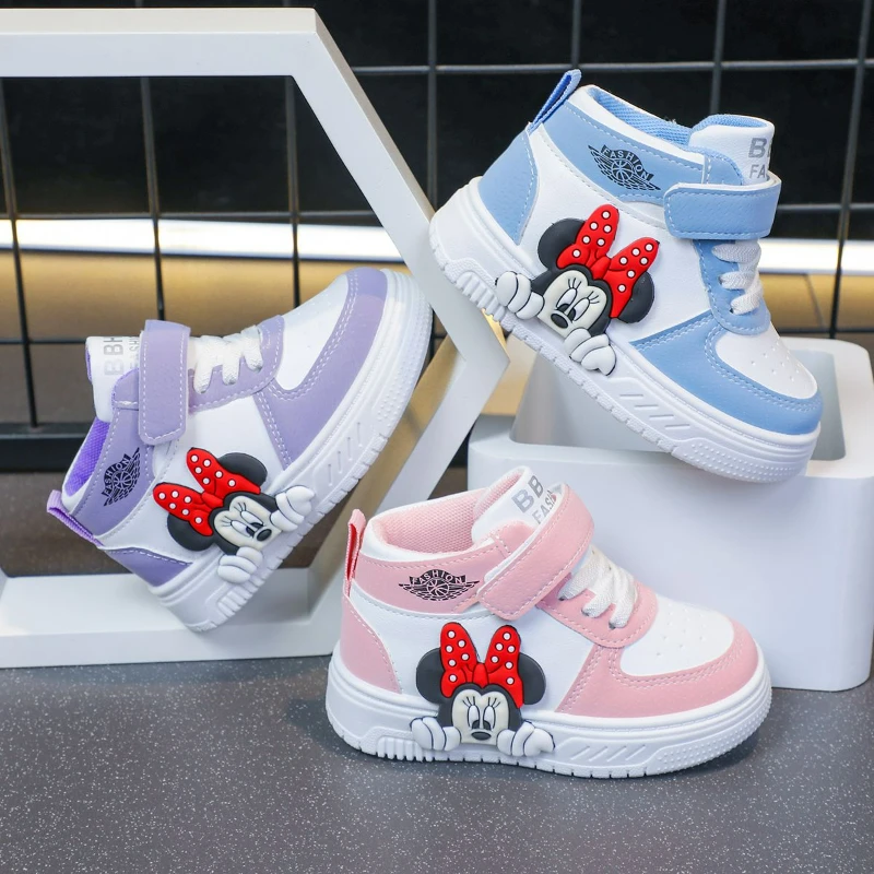 

Повседневная обувь Disney, детские высокие ботильоны с героями мультфильмов, весенняя белая обувь из искусственной кожи с Микки и Минни Маус, размер 20-31
