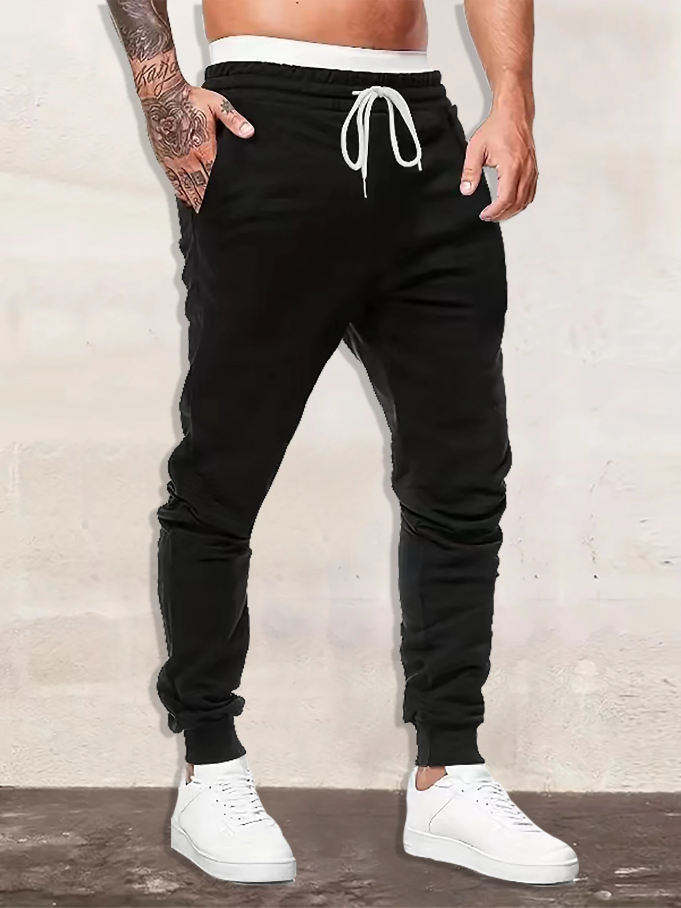 Calças casuais, calças com cordão para homens e mulheres, respiráveis, com bolsos e design simples, calças casuais, cor sólida simples, soltas e confortáveis