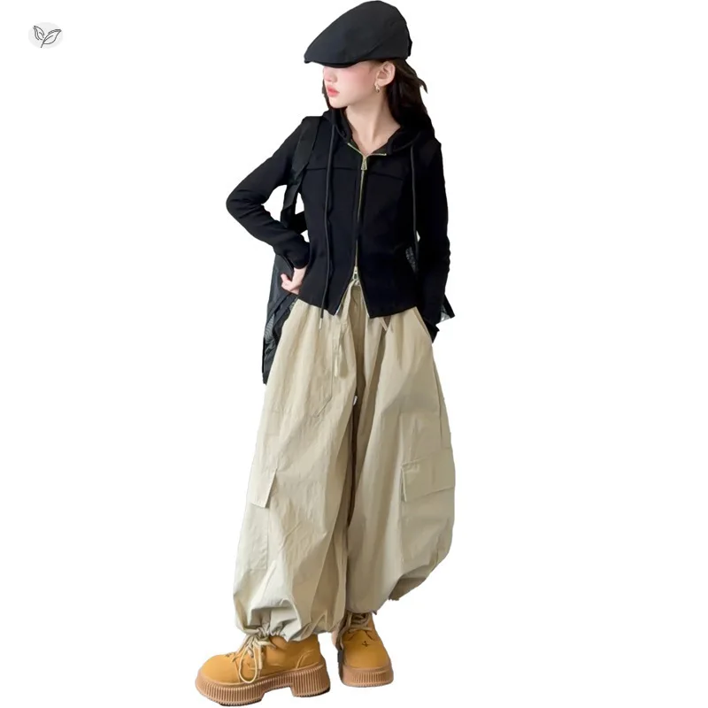 Wide-leg Pants Zipper Hooded Cardigan Coat Set Korean Loose Casual Grils Children Autumn Spring Autumn Solid Fashionable
