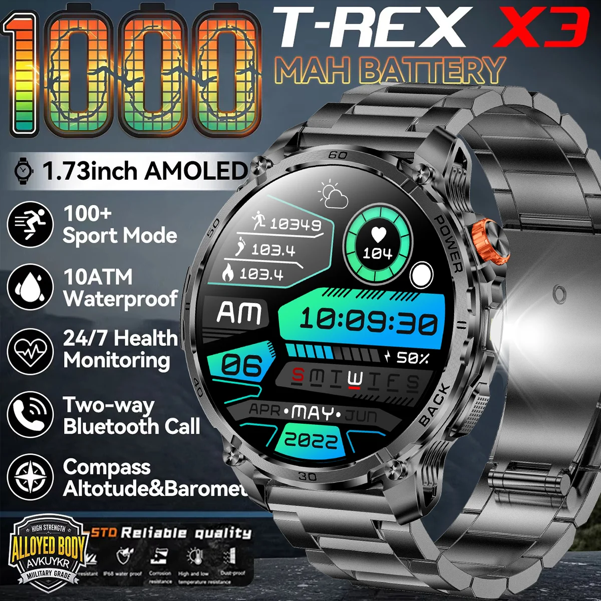 

2026 Новые военные смарт-часы с аккумулятором T-Rex 3 Ultra 1000 мАч, IP68, водонепроницаемый фонарик, спортивный трекер сердечного ритма, умные часы для мужчин