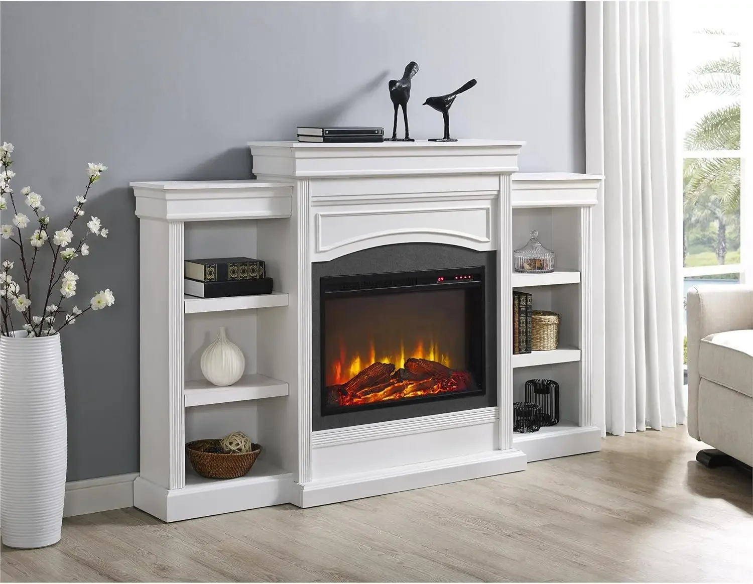 ch Electric Fireplace with Mantel, Shelves, Replaceable Fireplace Insert Heater, Remote Control, Time