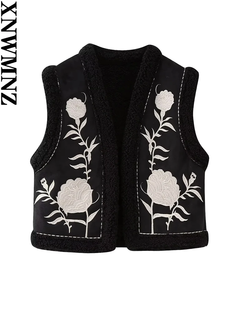 

XNWMNZ 2024 Women's Fashion Embroidery Crop Vest Jacket Vintage Retro National Style Female Chic Lady Waistcoat