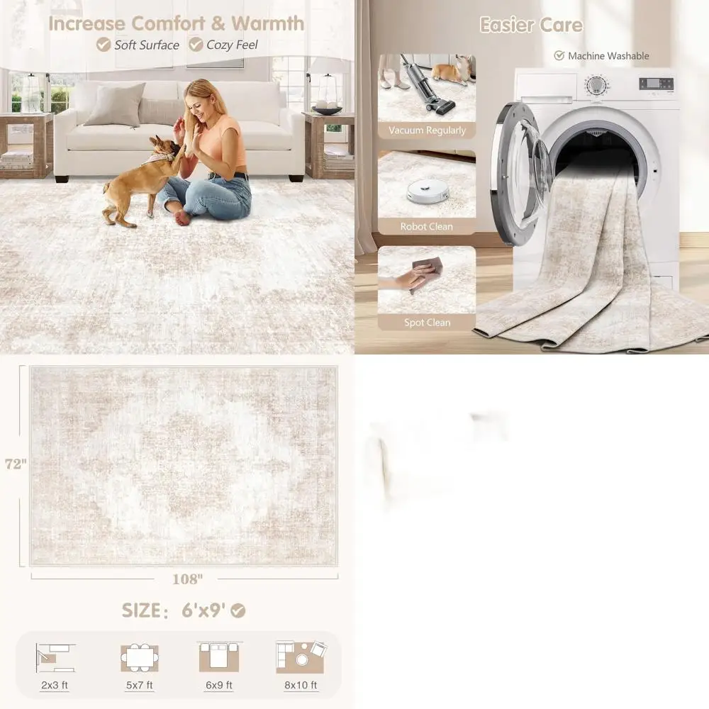 

Area Rug 6x9 Vintage Rugs: Washable Living Room Rug Retro Medallion Distressed Large Rug Soft Low Pile Non-Slip Rugs Indoor Floo