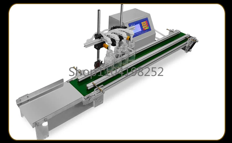 Automatic 4-Head Liquid Filling Machine - Small Conveyor Belt System, English Version, High Efficiency