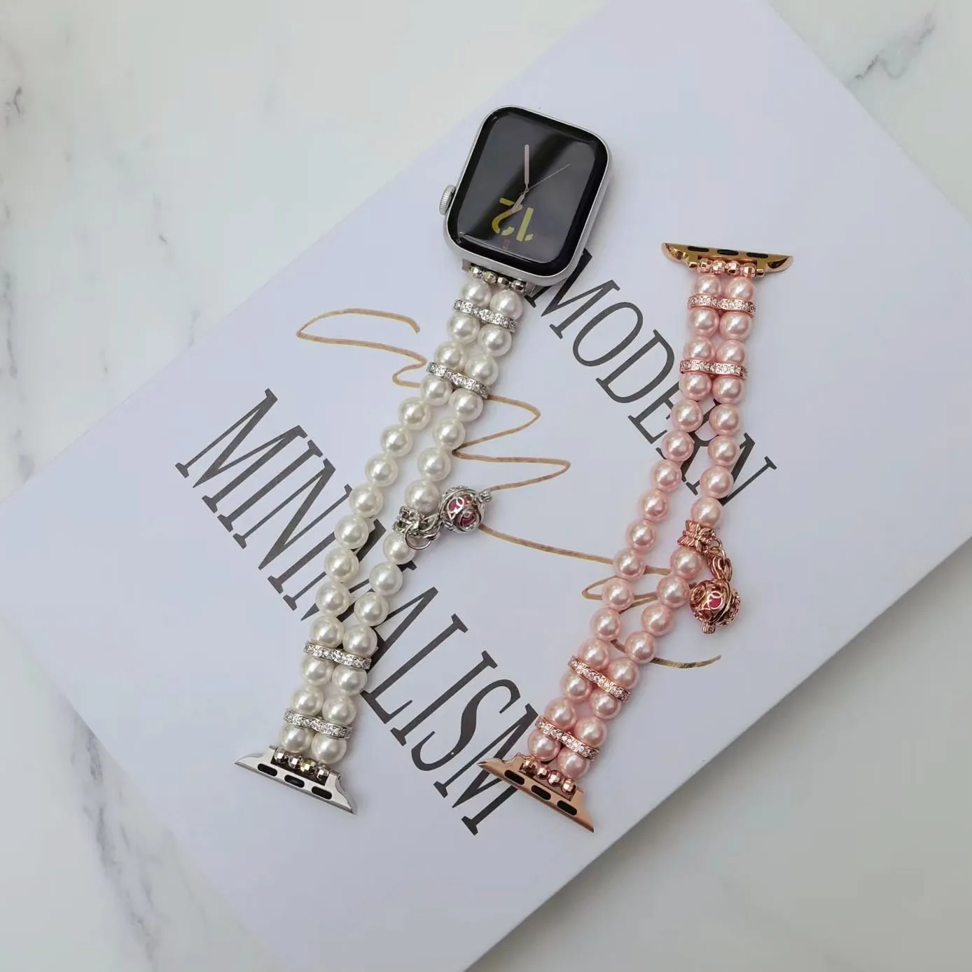 For apple watch11se small fragrant wind double row pearl watchbands for apple perfume ball elastic rope bracelet