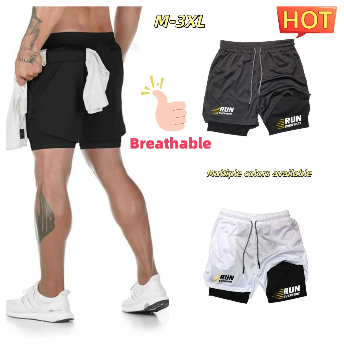 Men's 2 in 1 Running Shorts with Towel Loop Quick Dry Breathable Gym Workout Shorts Built-in Liner M-3XL