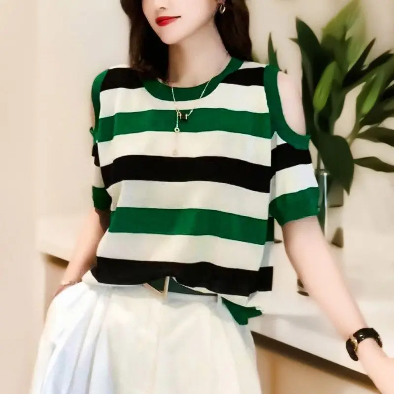 Design-shoulder Contrasting Stripes Loose Round Neck Ice Silk T-shirt Casual Versatile Short-sleeved Pullover Knitted Sweater