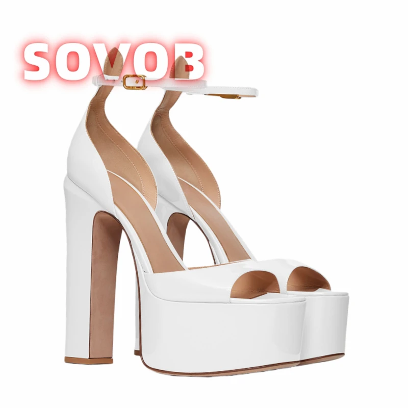 

Women'S Patent Leather Platform Sandals Block Heel Ankle Buckle Strap Sandals Sexy Open Toe Hollow Design High Heels Size 35-43