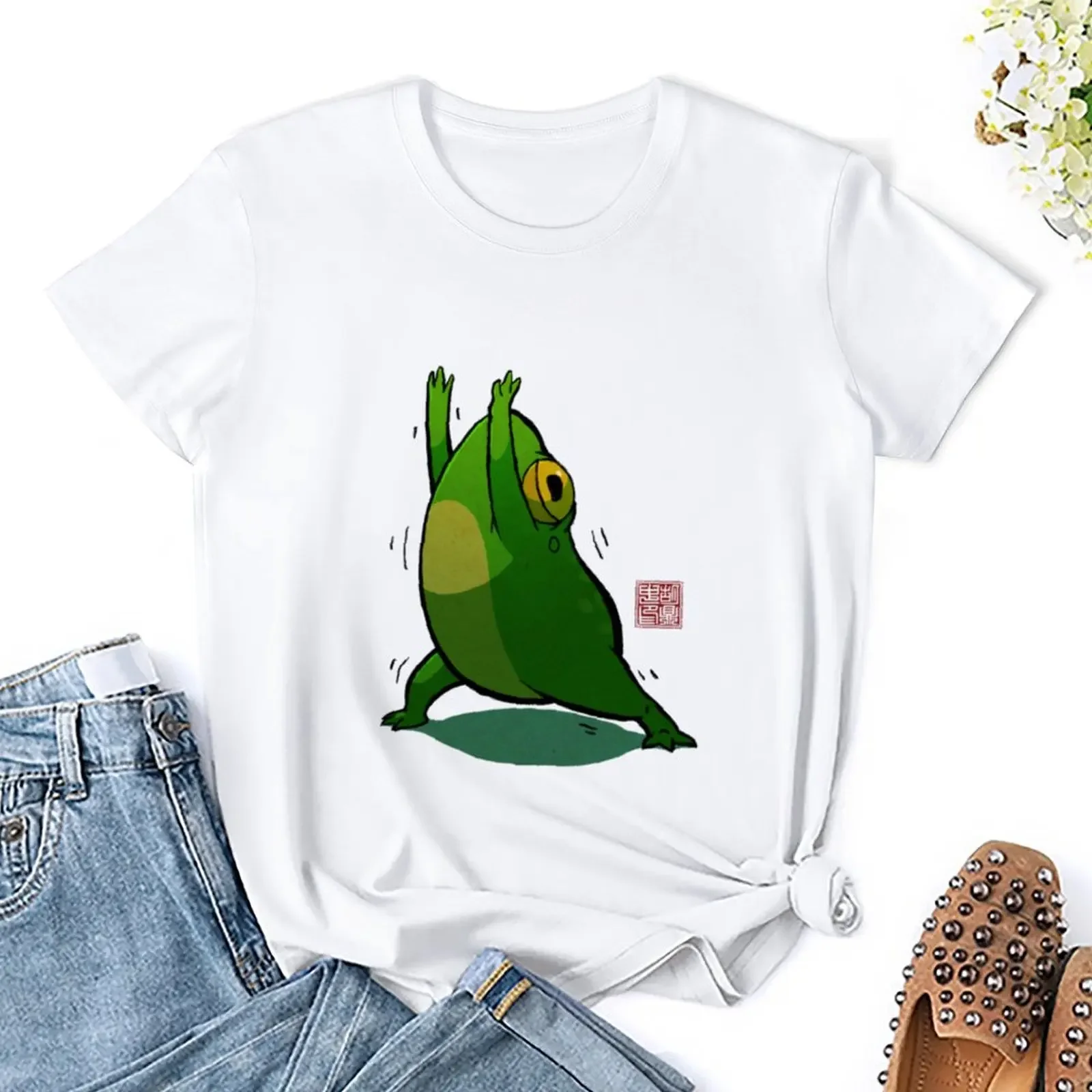 Yoga Frog Warrior Pose T-shirt słodkie ubrania słodkie topy plus size topy letnie ubrania dla kobiet