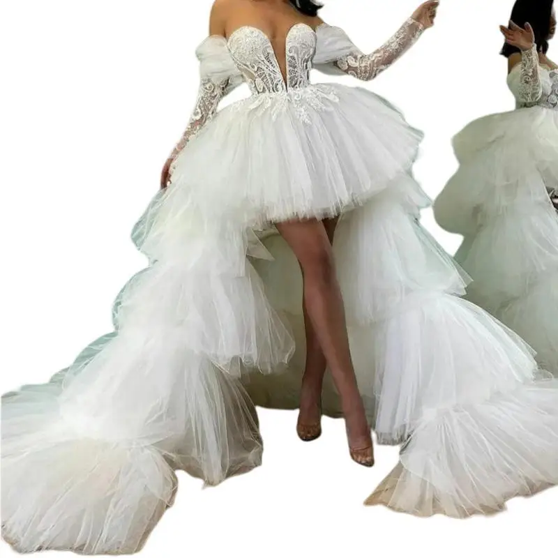 Vestidos de baile de luxo personalizados para ocasiões especiais com trem destacável 2025 renda tule manga comprida vestido de festa de casamento à noite