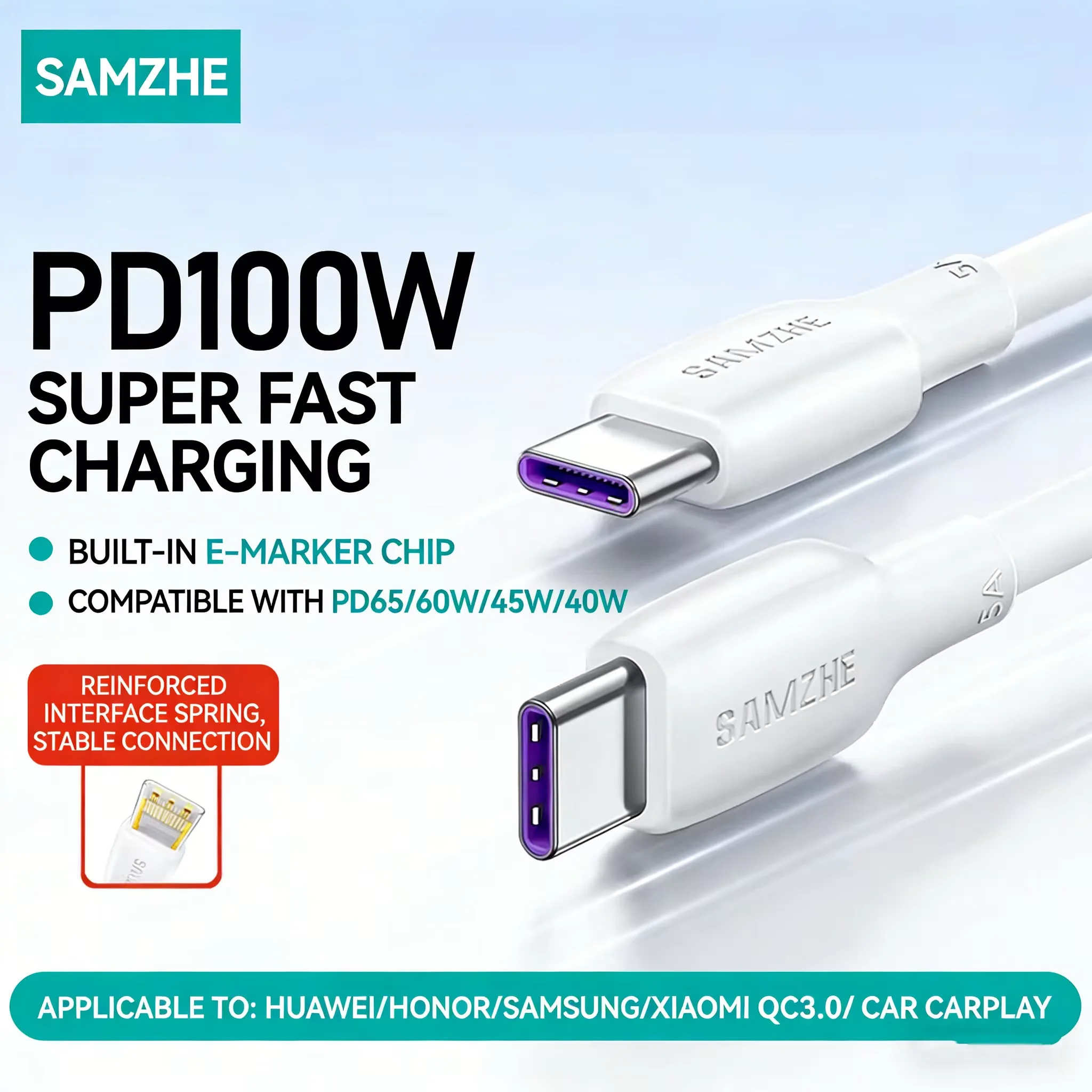 SAMZHE 100W Type C To USB C Cable For MacBook Huawei Samsung Xiaomi iPhone17 16 iPad 5A Fast Charging Cable With E-Marker Chip