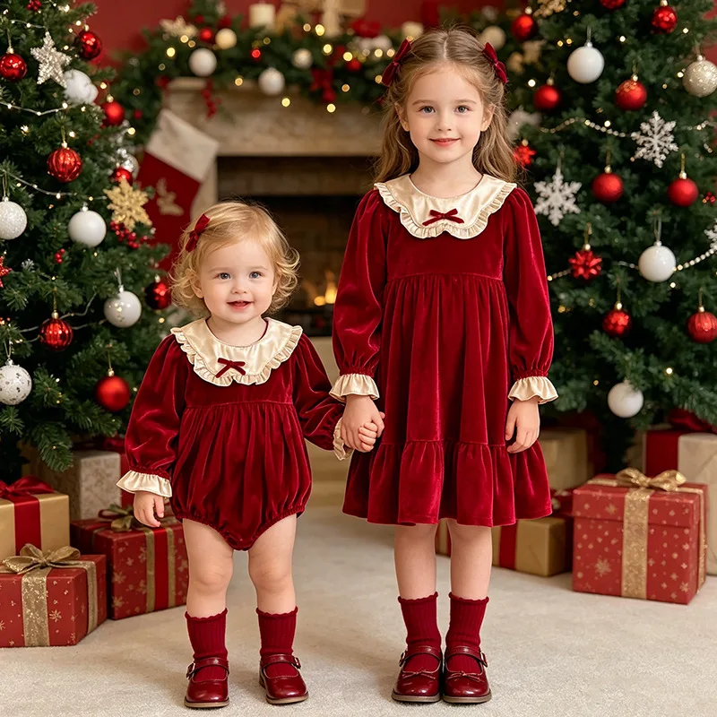 Christmas Girl's Clothing Red Velvet Sister Outfits Long Sleeve Ruffle Collar Baby Romper & Girls A-Line Dress