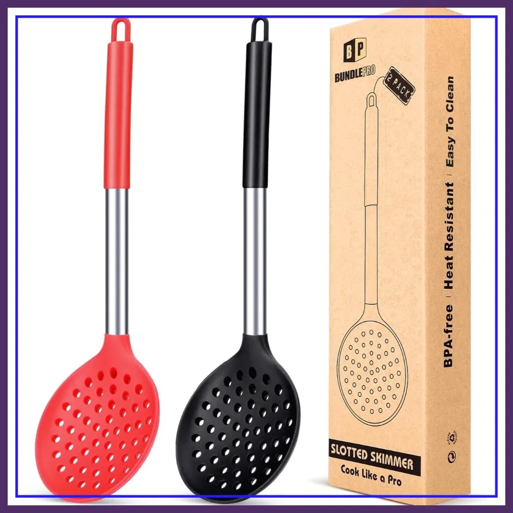 

2-Pack Kitchen Ladle Strainer Set, Large Slotted Spoon, High Heat Resistant, BPA Free, Non Stick, Black/Red