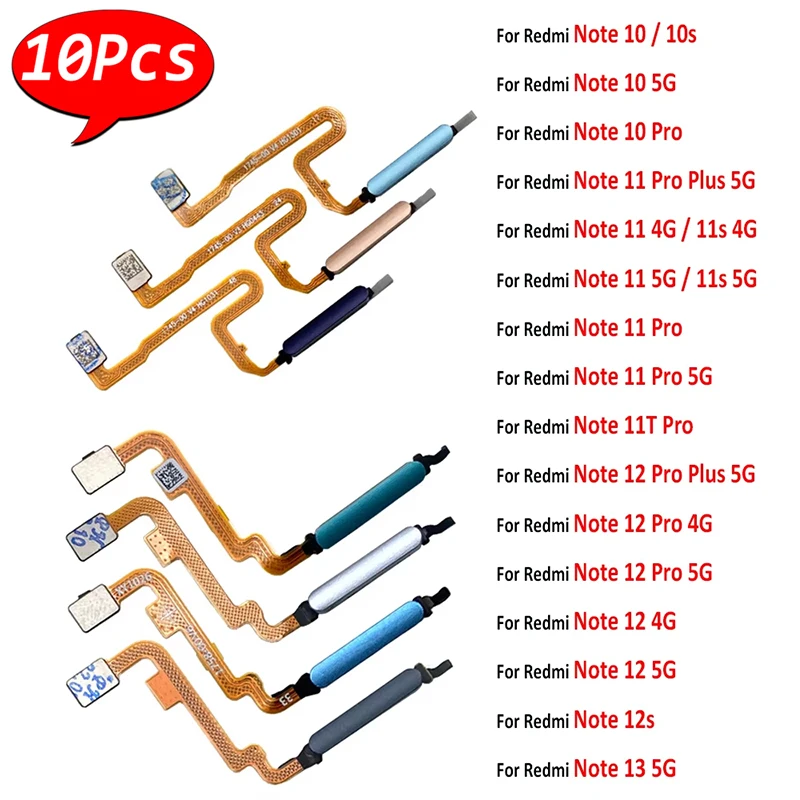 10Pcs，For Xiaomi Redmi Note 10 11T 11 12 9S 9 Pro Plus 5G 10S 11S 10 13 4G 12S FingerPrint Touch ID Sensor Key Menu Flex Cable