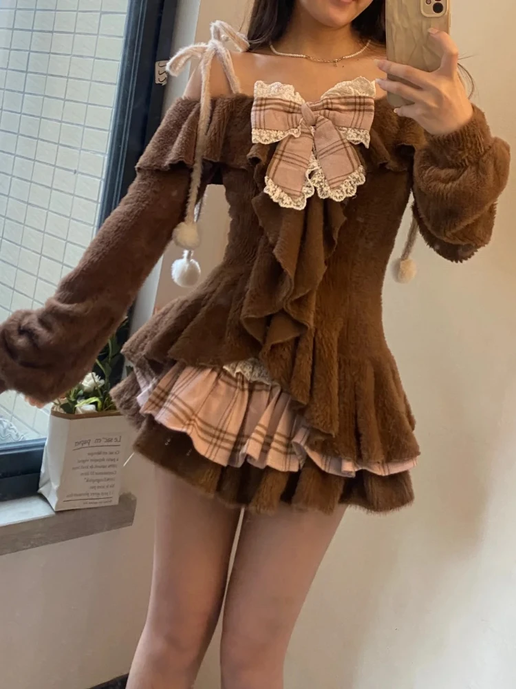 Japanische süße Lolita Frauen Herbst 2-teiliges Set Slash Neck süße Spitze Schleife Tops + karierten Kuchen Rock weibliche koreanische Kawaii Party Anzug