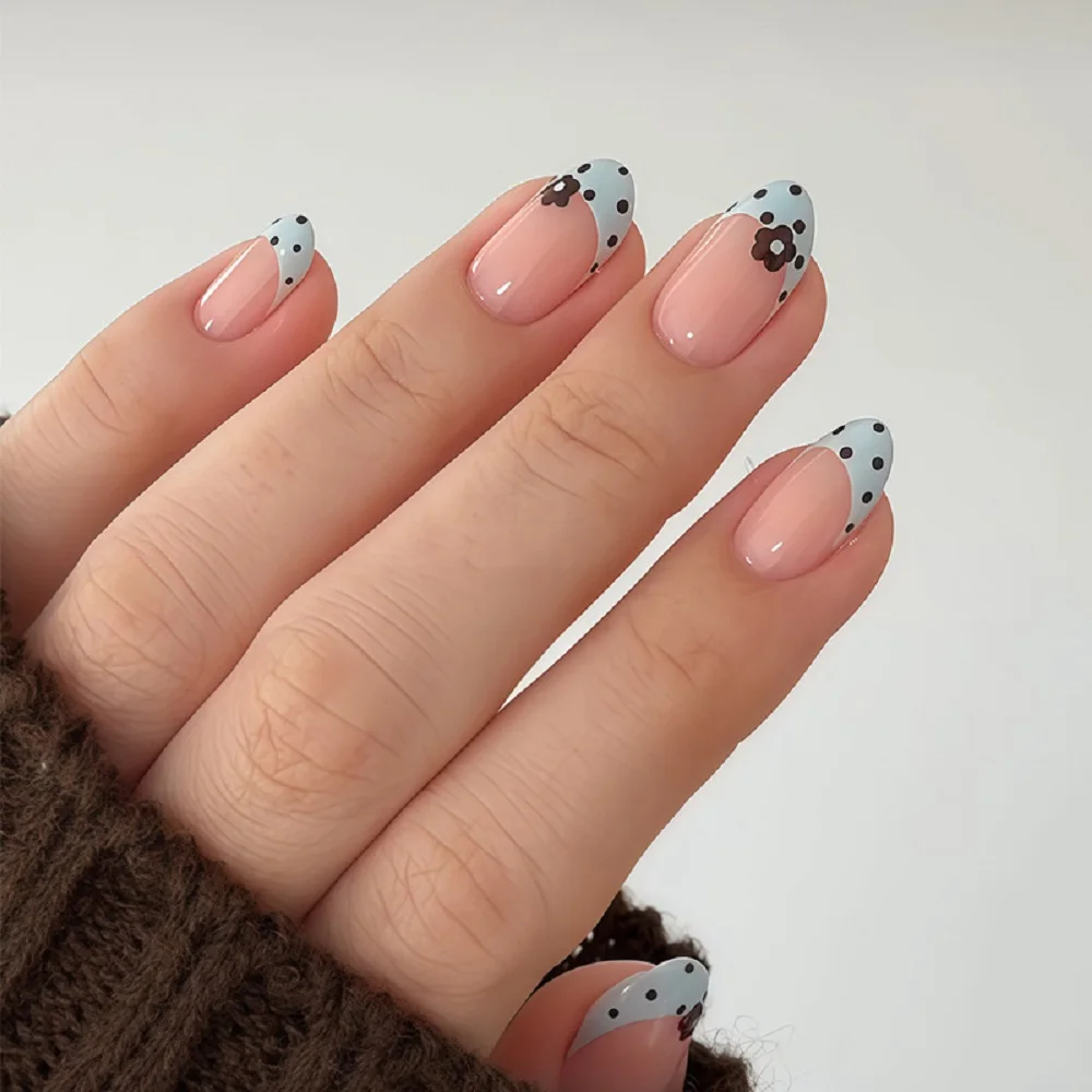 24pcs Blue Press on Nails with Polka Dot Pattern Design Almond Full Cover Nail Tips Acrylic French False Nail Flower Fake Nail