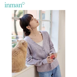 INMAN Women Knit Cardigan 2023 Autumn Long Sleeve Wave V-neck Loose Sweater Hollow Out Design Texture Fabric Elegant Outwear