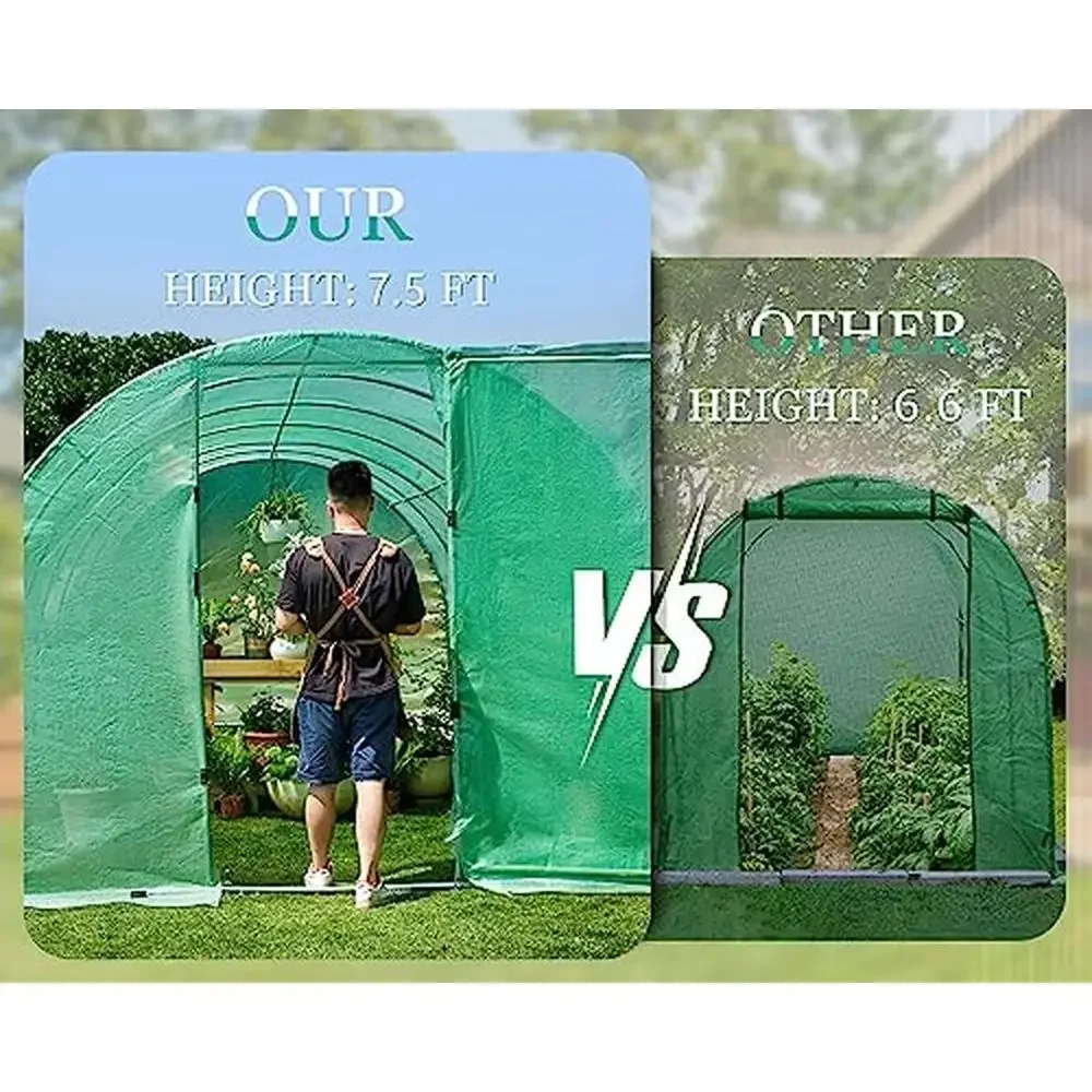 Extra High Walk-in Greenhouse Tunnel 20x10x7.5 FT Upgraded Swing Door Galvanized Steel Frame Film Clips Ground Pegs PE Cover