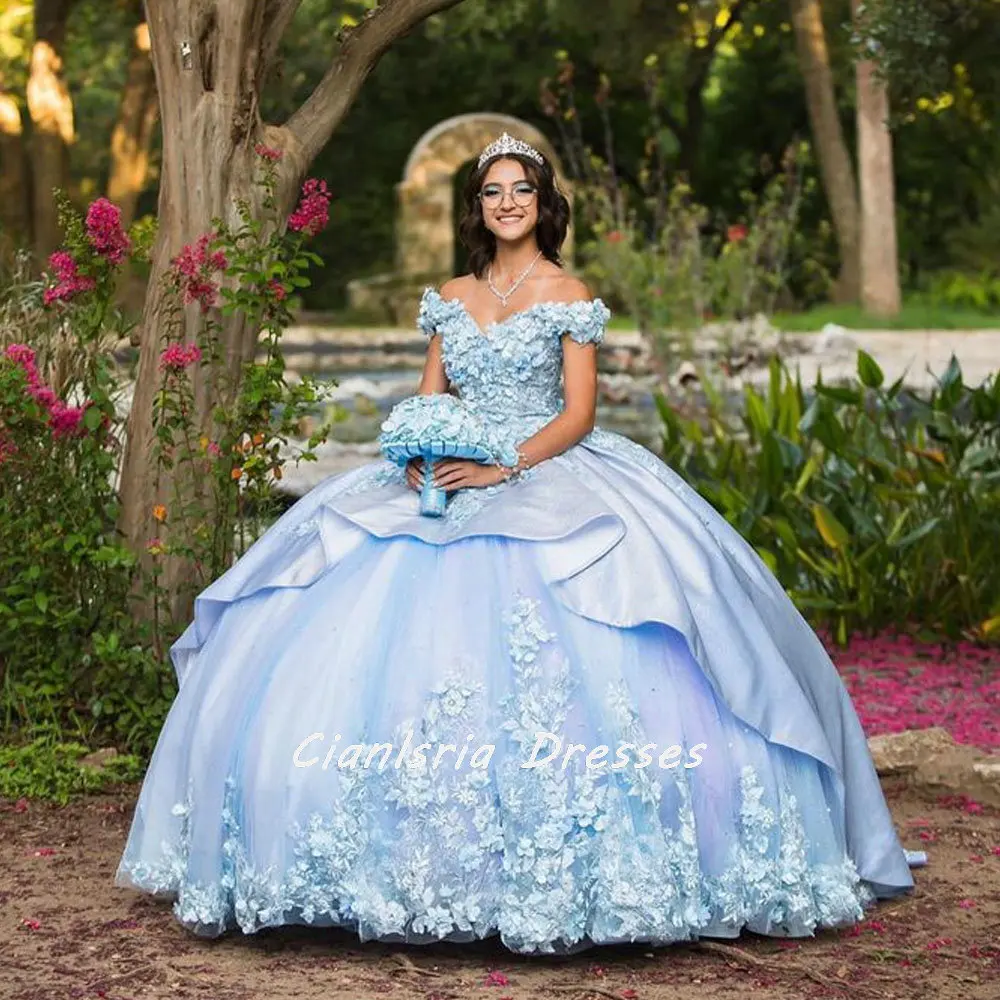 

Голубой корсет с 3D цветами и оборками, платье Quinceanera, бальное платье с аппликацией, кружево с открытыми плечами, сладкий 16, Vestido De XV Anos