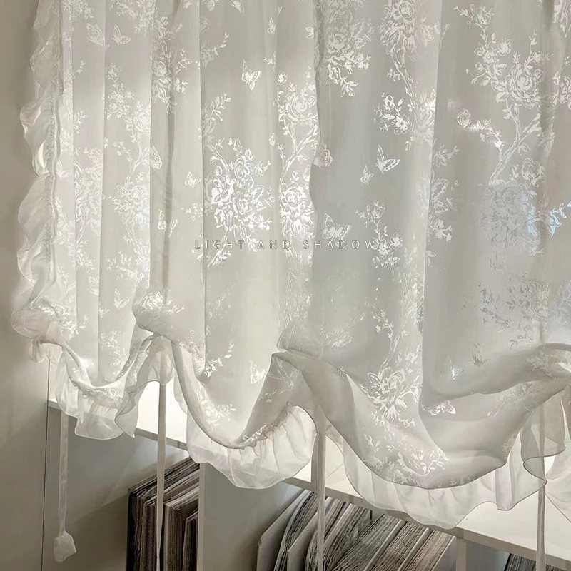 

French Rose Light Shadow Embroidery Tulle Romantic Window Curtain Bedroom Living Room Balcony Gauze Curtain Lift Balloon Yarn