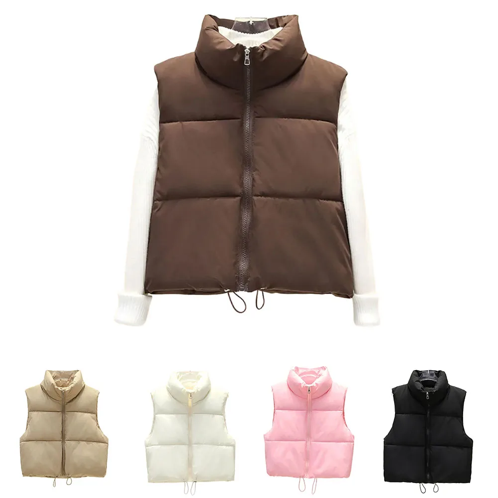 

Lightweight Women Sleeveless Down Cotton Short Vest with Stand Collar Outwear Jacket Casual Loose Fit Coat for Everyday Wear