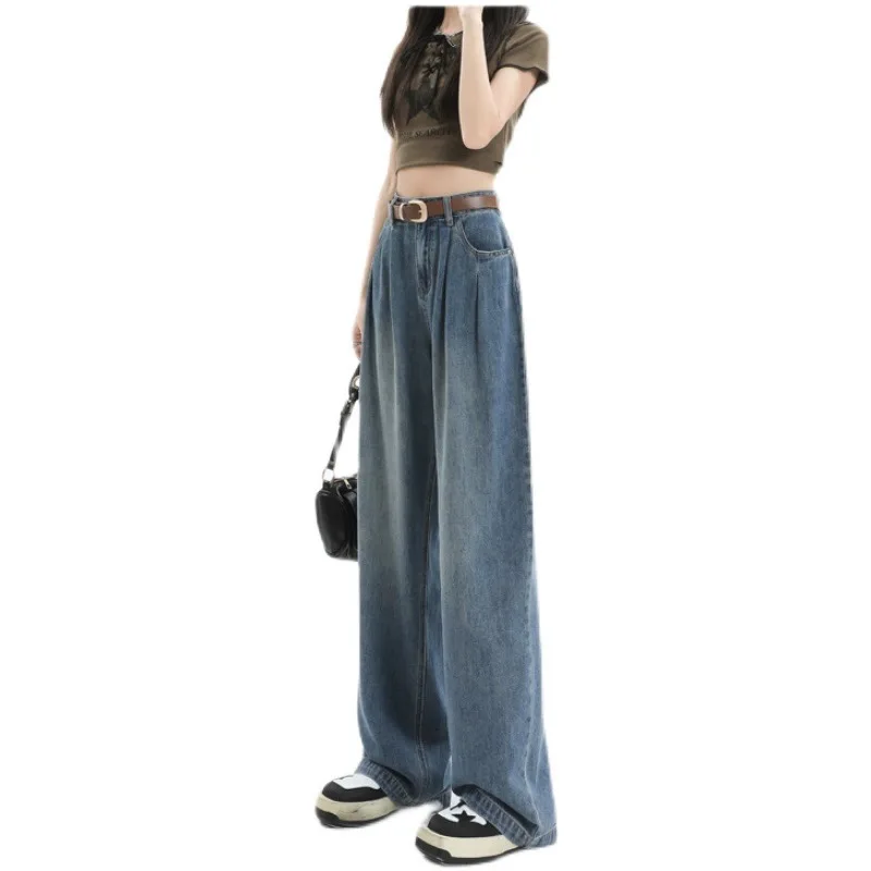جينز ريترو عالي الخصر وواسع الساق من قماش الدنيم سروال طويل مطوي للشارع لخريف 2023 وصل حديثًا من القطن المطاطي