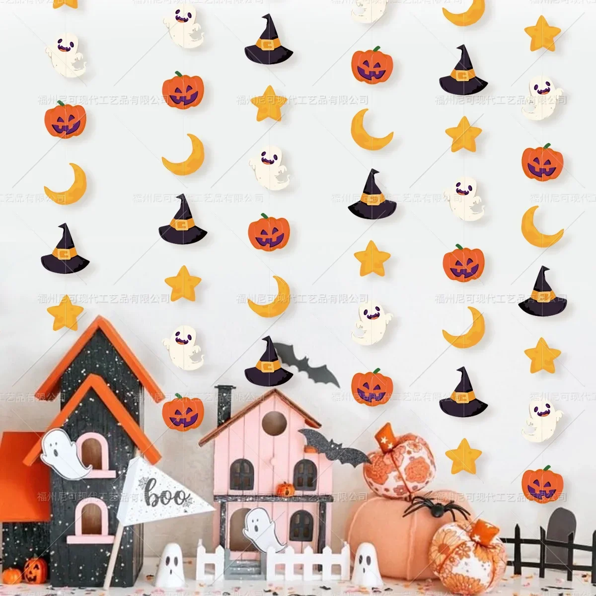 2024 Halloween Pumpkin Bat Paper String Garlands Witch Hat Horror Ghost Hanging Banners Happy Halloween Day Party Decor For Home