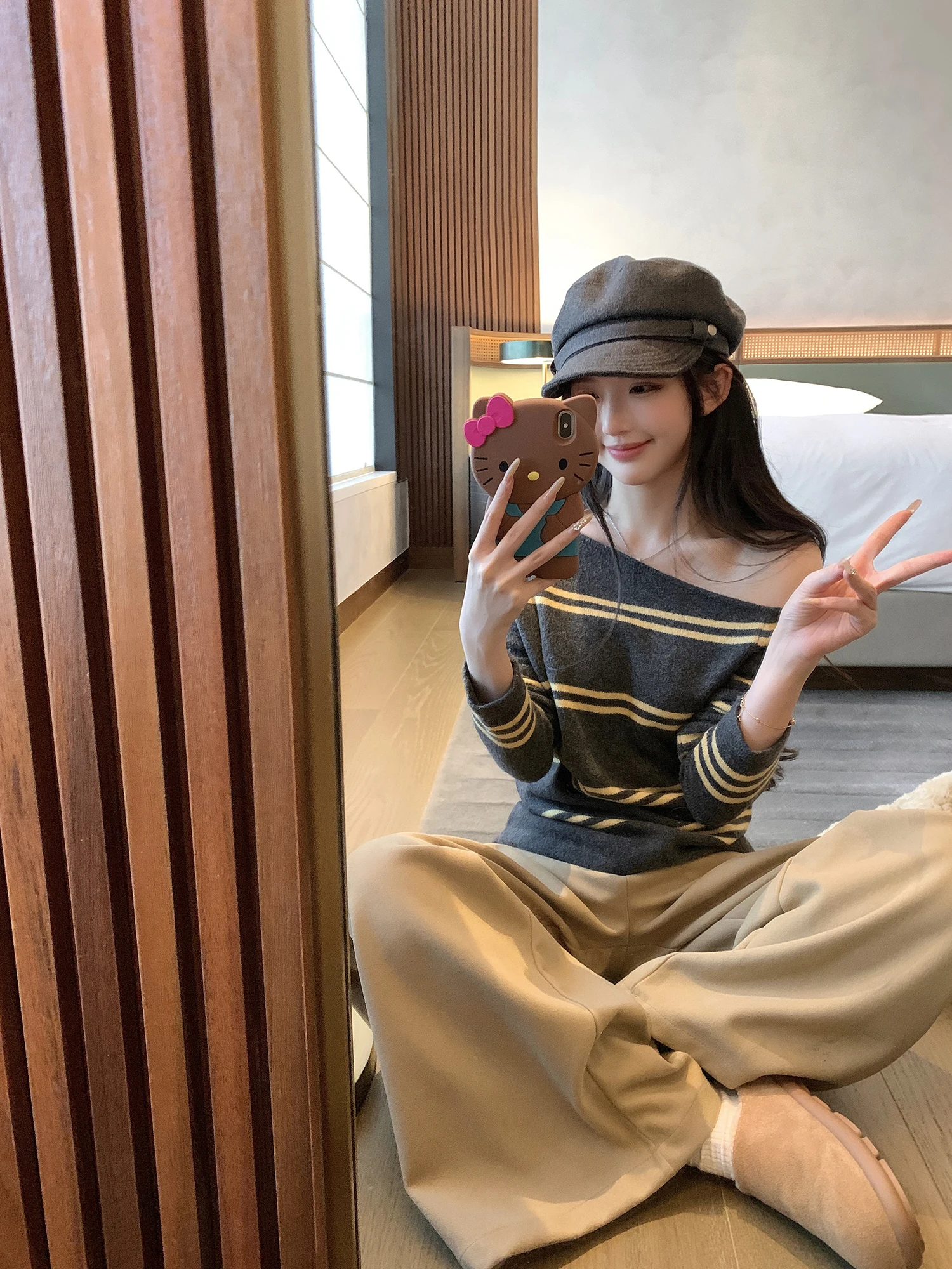 

Винтажный полосатый трикотажный топ NAYA CHAN с открытыми плечами, длинными рукавами, свободного кроя, повседневный, модный, универсальный, для девушек-подростков