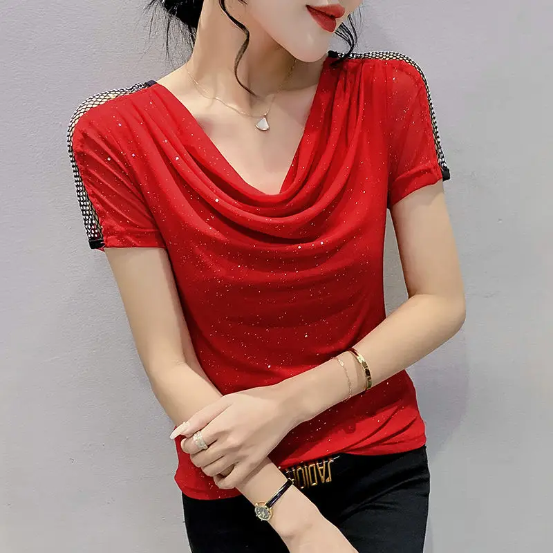 Temperament Net Yarn T Shirts Summer New Short Sleeve Solid Color Patchwork Slim Office Tops Tees Fashion Elegant Women Clothing