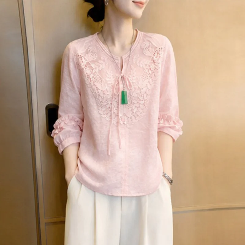 Hollow Splicing Blouse Round Neck Shirt For Women Chinese style Shirts Pink Pullover Tops Lace up   Summer Thin Shirts
