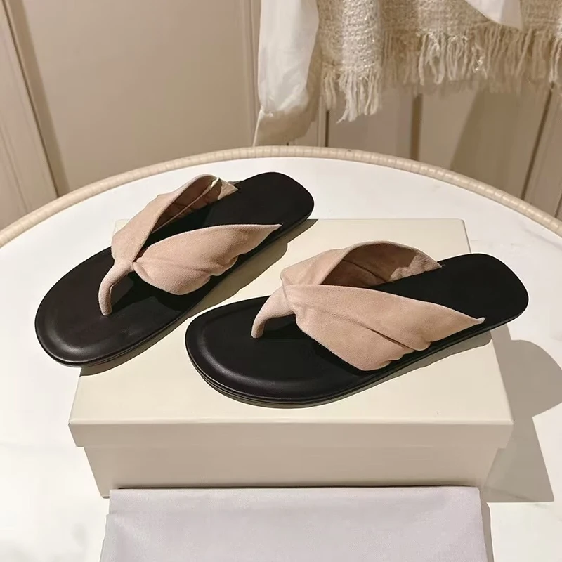 Infradito con design antirughe in pelle scamosciata di mucca da donna con dita divise Pantofole con fondo piatto Scarpe da spiaggia per vacanze estive all'aperto Scivoli pigri