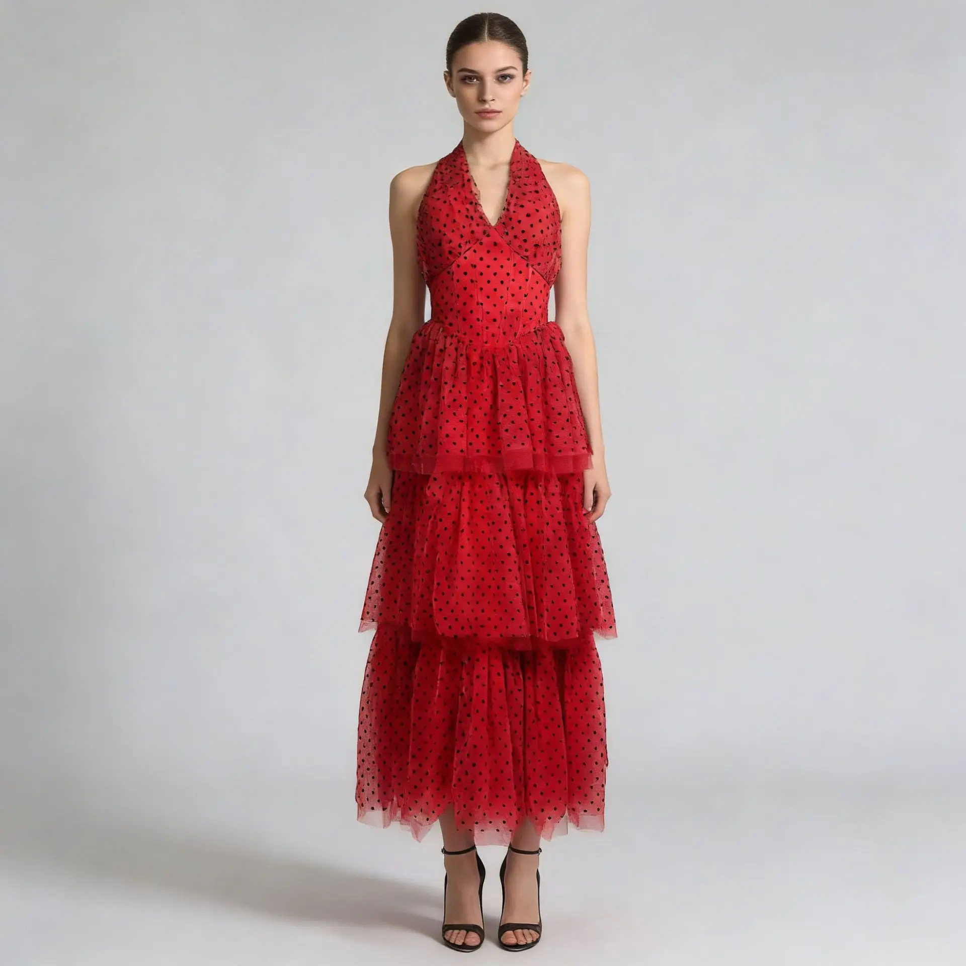 2026 verão francês elegante retro halter com decote em v vestido de noite sem mangas cintura alta a linha em camadas malha dot vestido longo para mulher