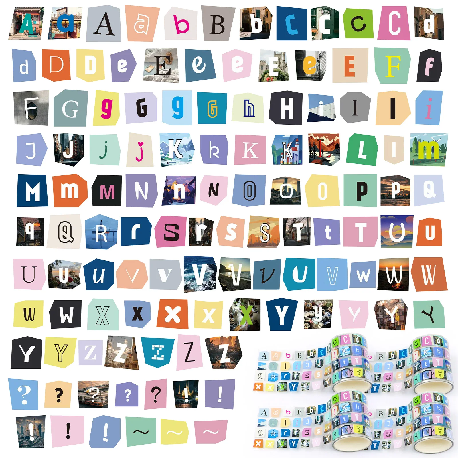 Mini Self Adhesive Alphabet Letter Stickers Roll 4Rolls Colorful ABC Labels for Kids DIY Scrapbooking Journaling Name Tag Crafts