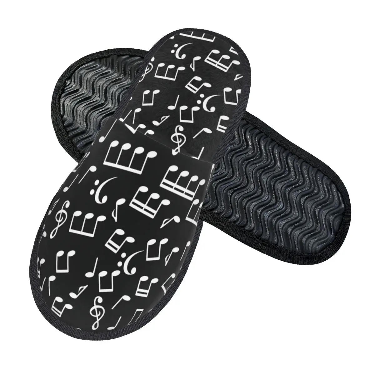 Custom White Music Notes On Black Background Slippers Memory Foam Warm Soft Women House Slipper Bedroom Comfy Shoes