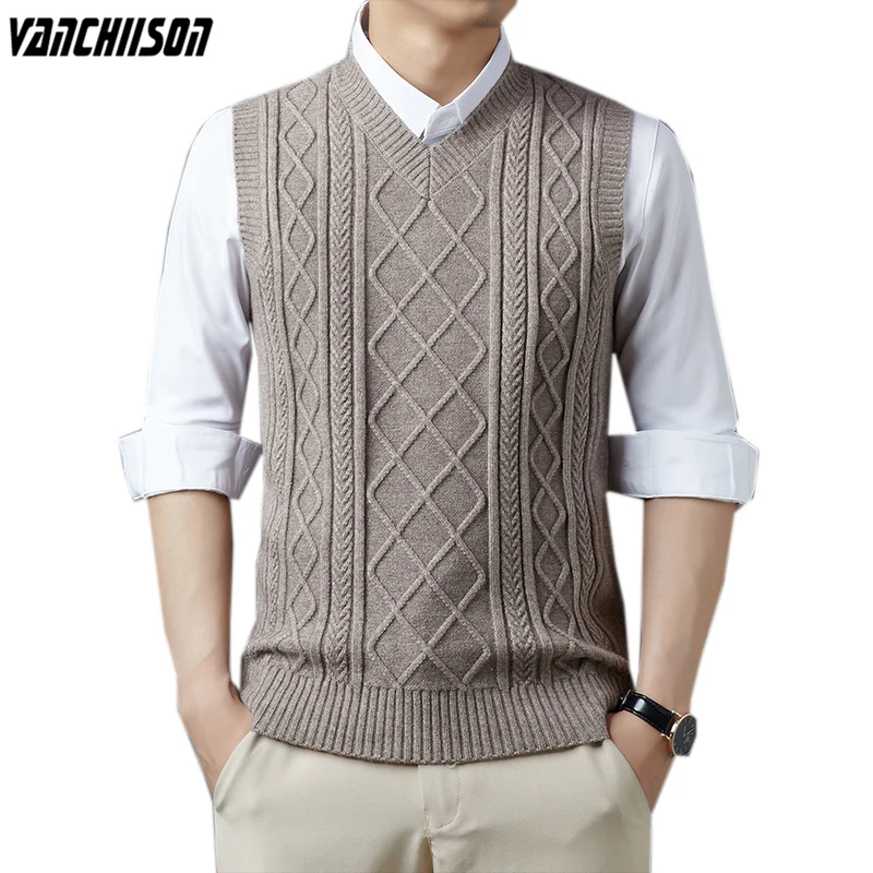 

Men Thick Wool Knit Vest Sleeveless Sweater Pullover Tops for Autumn Winter Pocket England Style Casual V Neck 00986