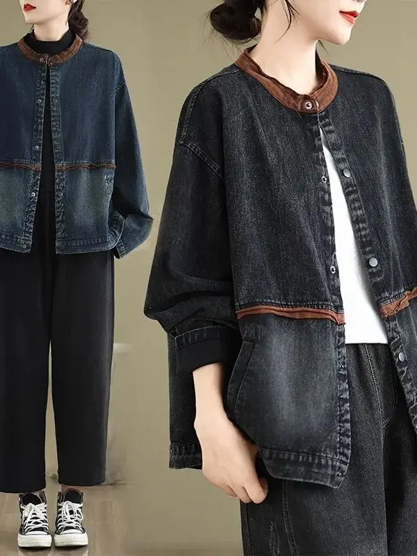

plus Size Women's Denim Jaet Vintage Waed Patchwork Loose Fit Faionable Versatile Autumn Outerwear Trendy Top