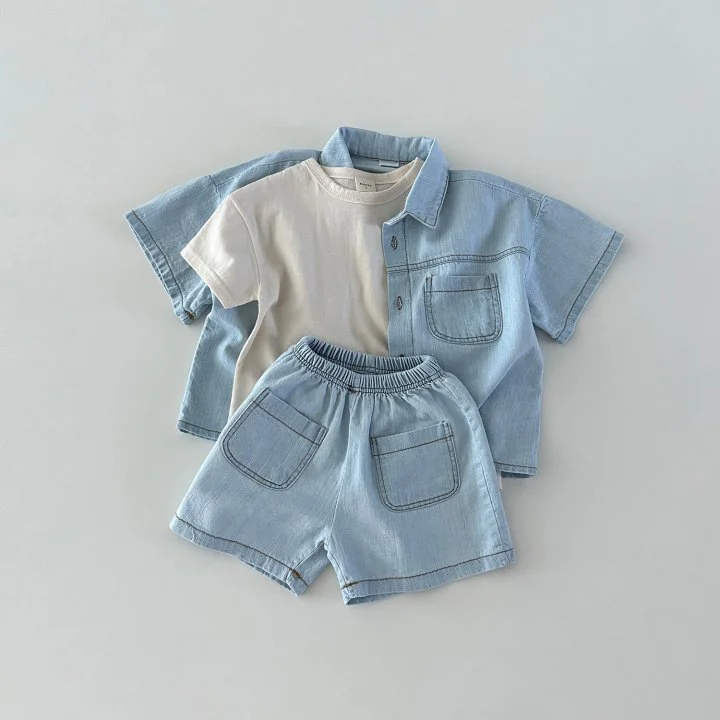 

Summer children's set solid color denim boy short sleeved top and shorts set fashionable girl baby cardigan denim jacket set