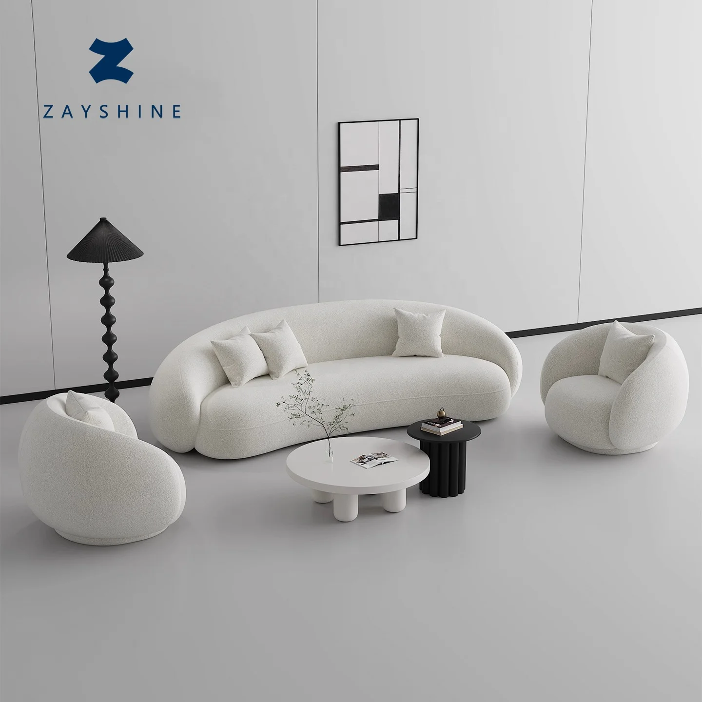 Zayshine Nordic Modern Luxury White Sherpa Living Room Sofa Set Velvet 3-seater Modular Clothing Store Apartment Curved Sofa