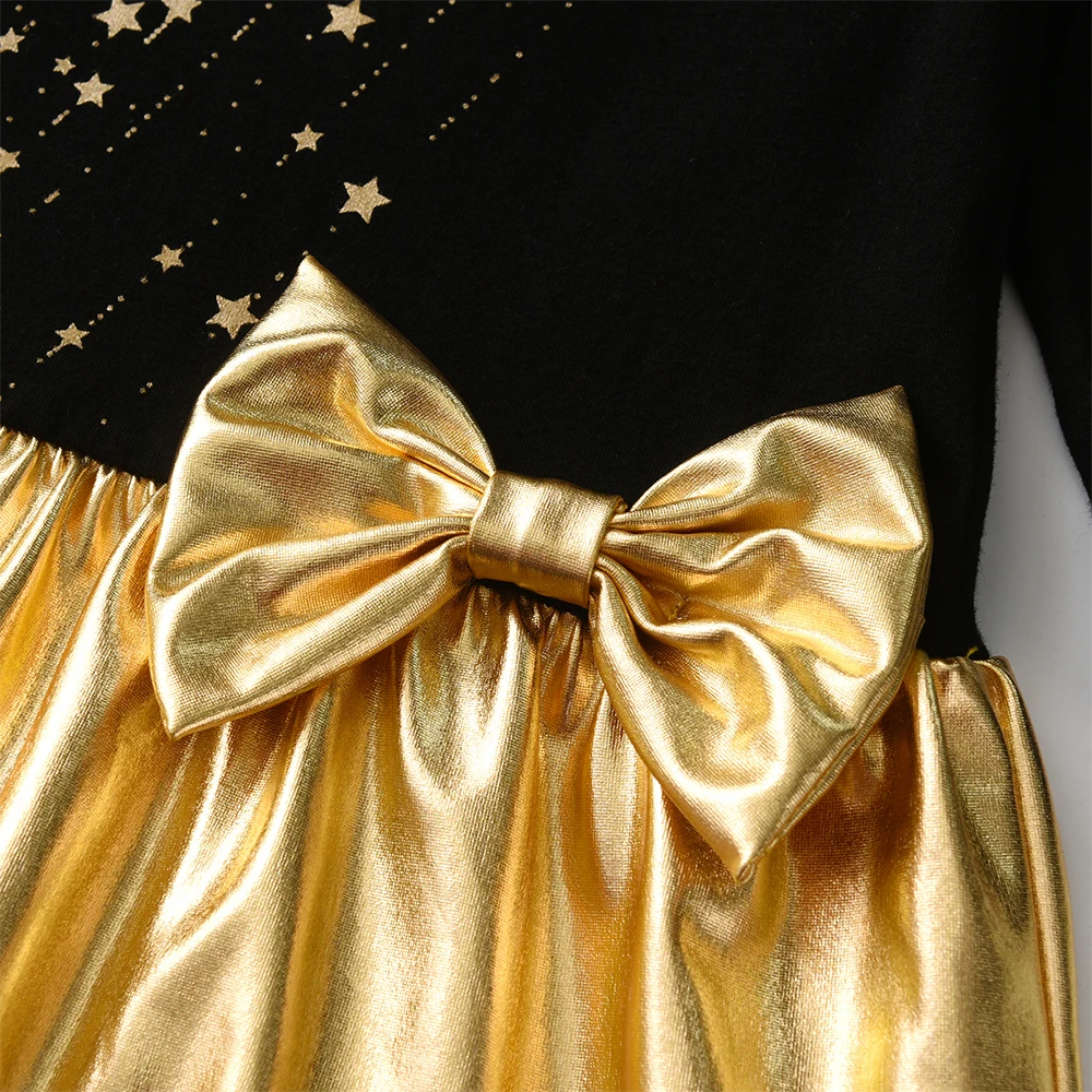DXTON 2024 Christmas Girls Dress With Bow Star Sequin Children New Year Party Clothes Patchwork Cotton Winter Kids Baby Dresses