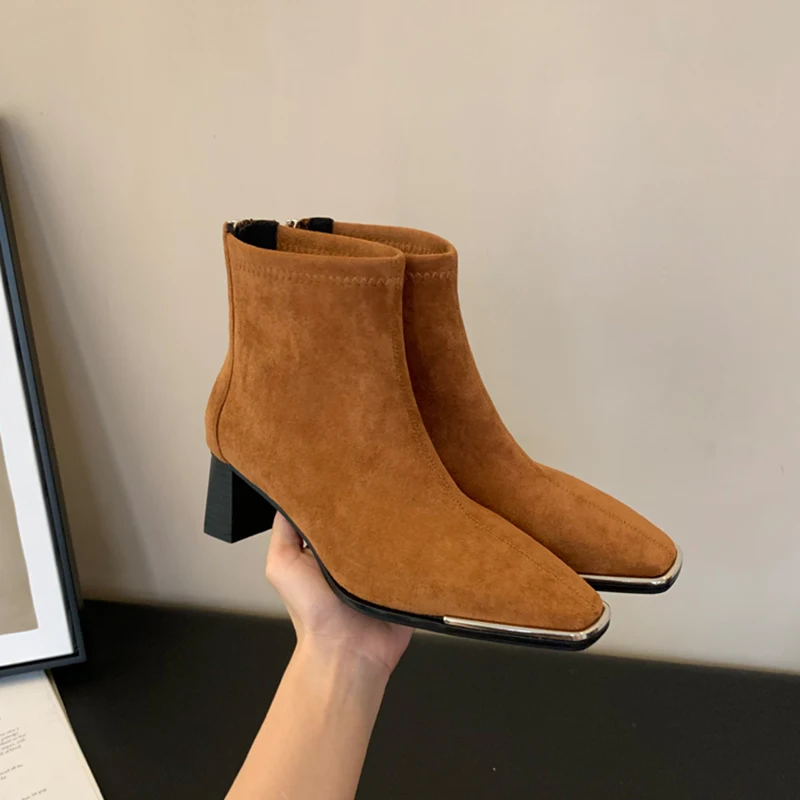 

ZOOKERLIN 2024 Spring Autumn New British Women's Boots Pointed Zip Sheepskin Ankle Boots Woman Shoes Plush Insulation Thick Heel