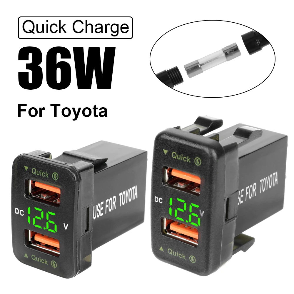 

LED Car Accessories QC Car Socket Charger Dual USB Quick Charge For Mobile Phone Power Adapter For Toyota 12-24V Voltmeter